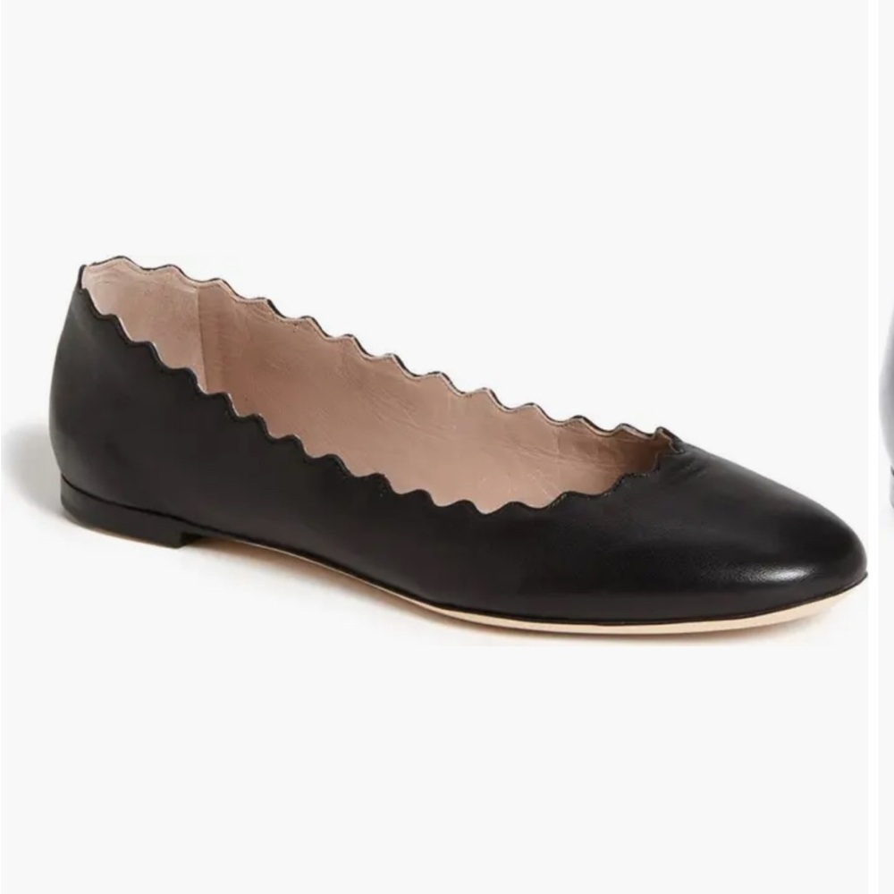Chloe Lauren Scalloped Black Leather Ballet Flats